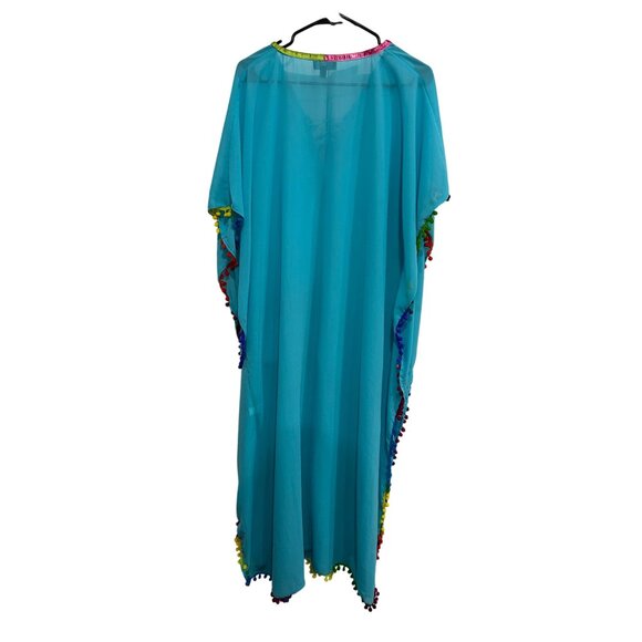 Fig & Vine XL Pom-Pom Trim Sheer Kaftan Teal Multicolor Satin Tie Cover-Up - Picture 2 of 11